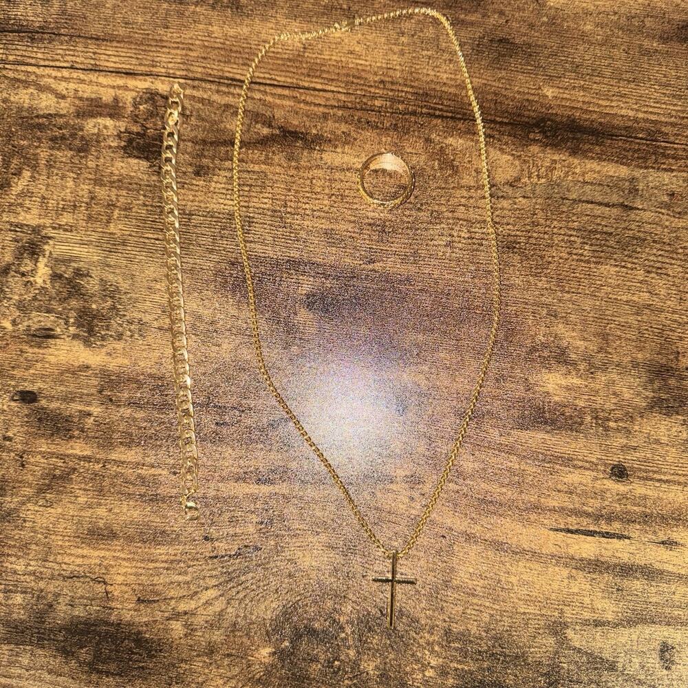 Gold Tone Jewelry Set Cross Necklace Cuban Chain Bracelet Ring 3 Piece